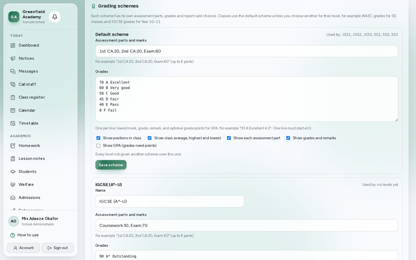 Belloft academic setup, with grading schemes for different curricula
